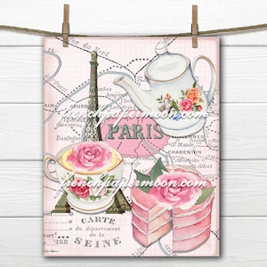 L'heure du thé minable à Paris numérique, rose Paris imprimable, Français éphémères, Tour Eiffel, carte de Paris vintage, image de coussin Français, grand, petit