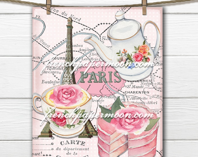 Shabby Teatime in Paris Digital, Pink Paris Printable, French Ephemera, Eiffel Tower, Vintage Paris Map, French Pillow Image, Large, Small