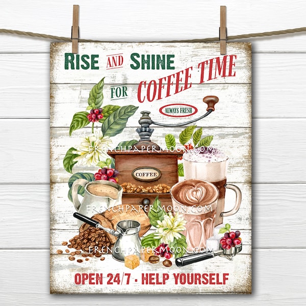 Farmhouse Coffee, Digital, Kitchen Print, Rise and Shine, Fresh Coffee, Image Transfer, Fabric Transfer, DIY Coffee Sign, Tiered Tray Decor