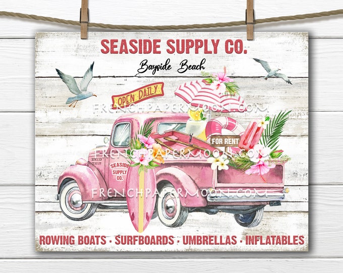 Pink Beach Truck, Digital, Farmhouse Coastal, Seaside Truck, DIY Beach Sign, Fabric Transfer, Pillow Image, Beach Decor, Wood, PNG