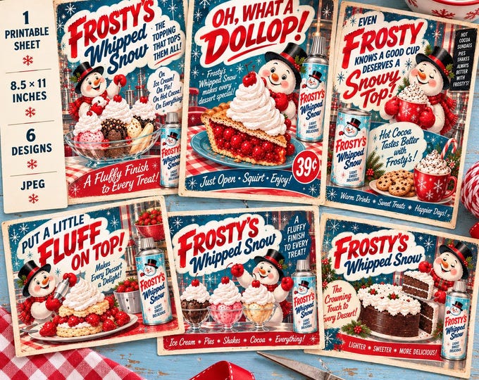 1950s Retro Snowman Printable Cards, 6 Designs, Holiday Scrapbook Paper, Cocoa Bar Decor, Digital Download, Xmas DIY