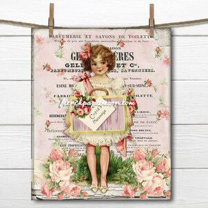 Digital Victorian Valentine, Shabby Pink Valentine, Vintage Girl, French Pillow, Large Image Graphic Transfer
