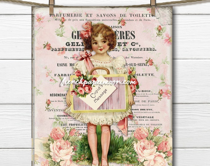 Digital Victorian Valentine, Shabby Pink Valentine, Vintage Girl, French Pillow, Large Image Graphic Transfer