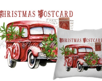 May include: Red vintage truck with a Christmas tree and greenery in the back. The truck has a "XMAS" license plate. The image is a postcard with the text "CHRISTMAS POSTCARD" at the top.