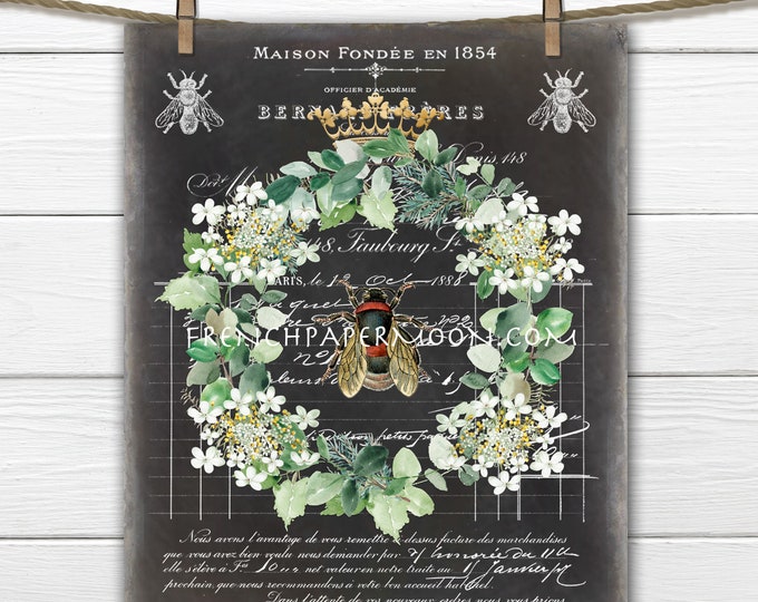 French Shabby Honey Bee, Digital, Wreath, Crown, Bee Ephemera, French Pillow Bee, Fabric Transfer, Transparent, Decoupage, Print