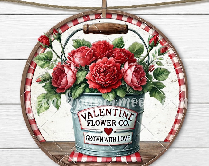 Round Farmhouse Valentine Flower Co, Red Roses, 10x10 inch, PNG Sublimation, DIY Sign Making, February 14th, Flowers, Rustic Round Valentine