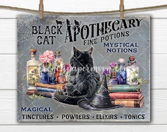 Black Cat Apothecary Potions Elixirs Magic Halloween DIY Sign Making Digital Download Fabric Transfer Tiered Tray Decor Wreath Accent PNG