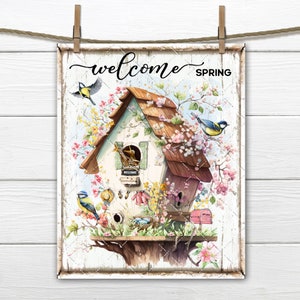 Welcome Spring Birdhouse Bluebirds Spring Flowers Shabby Farmhouse DIY Sign Making Fabric Transfer Tiered Tray Decor Fabric Transfer Digital