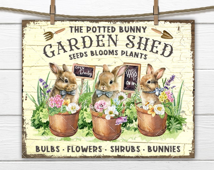 Spring Flower Bunnies Garden Shed Potted Bunny Cute Farmhouse DIY Sign Making Fabric Transfer Tiered Tray Home Wall Decor Digital Print PNG