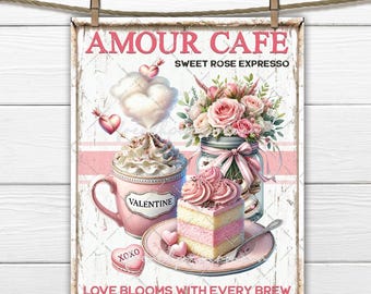 Pretty Pink Valentine Cafe, Cafe Latte, Cakes, Macarons, Amour, Love, Sublimation PNG, Fabric Transfer, DIY Signs, Home Decor Digital Print