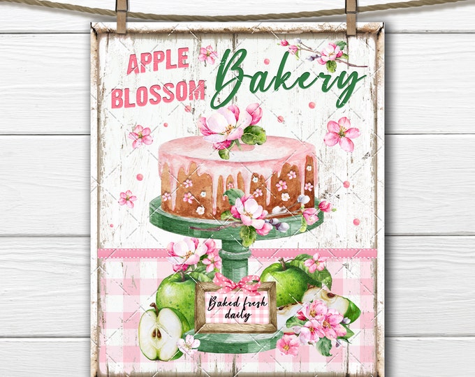 Apple Blossom Bakery, Fresh Apples, Cake Stand, Pink Sponge Cake, Flower Bakery, Cute Farmhouse, Digital Print, Tiered Tray Decor, Wreath