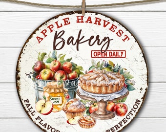 Apple Harvest Bakery Circle Sublimation Rustic Fall Farmhouse Apple Pie Farm Bucket Wreath Accent DIY Sign Wall Decor Digital Doorhanger 8x8