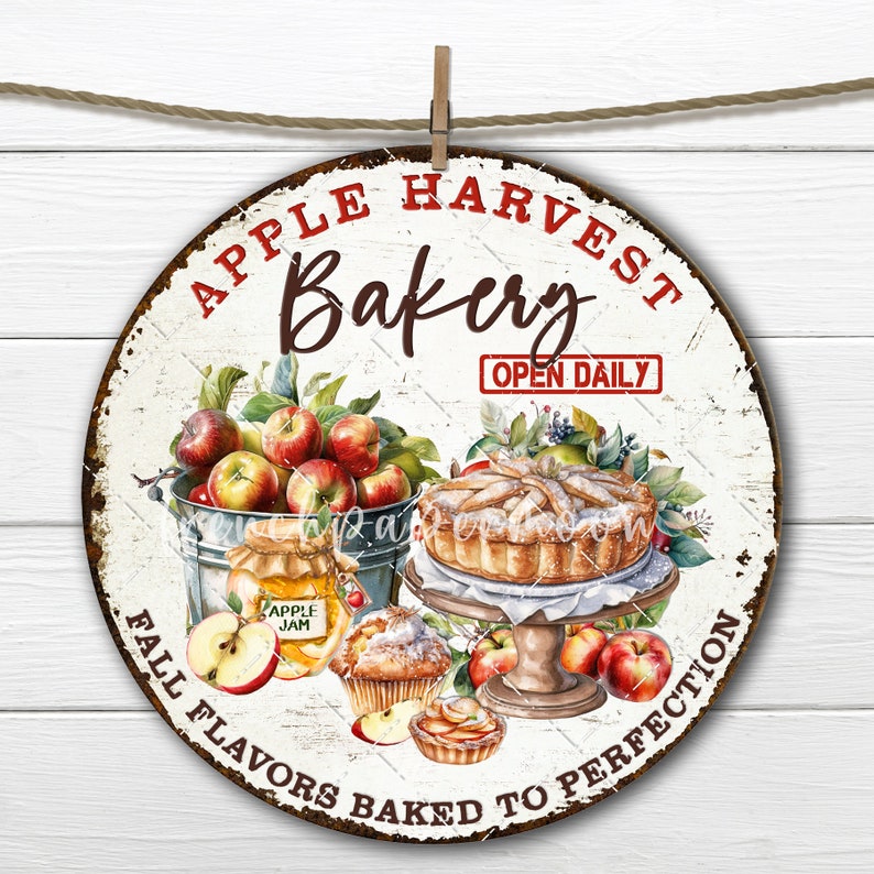 May include: A round, white sign with red and brown text that reads "Apple Harvest Bakery Open Daily Fall Flavors Baked to Perfection". The sign features a watercolor illustration of a pie, apples, and a jar of apple jam.