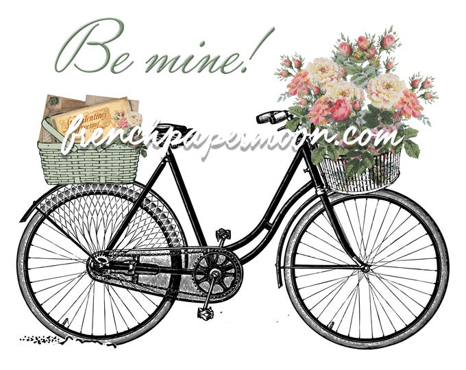 Digital Shabby Chic Valentine Bike, Vintage Flowers, Love Letter, Valentine Pillow, Crafts, Large Size, Graphic Transfer