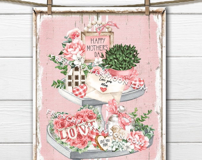 Mothers Day, Tiered Tray, Digital, Love Mom, Pink, Roses, Greenery, Wreath Attachment, Wall Decor, DIY Mothers Day Sign, PNG, Pillow Image