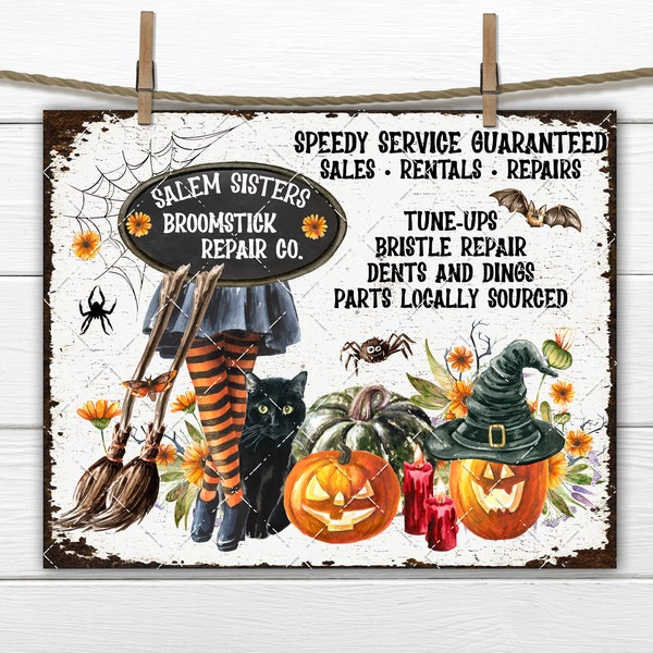 Salem Sisters Broomstick Repair Halloween DIY Sign Digital Download, Witch Black Cat Jack O Lanterns, Sign Making, Party Home Decor Print