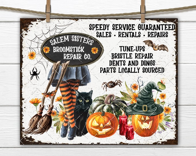 Salem Sisters Broomstick Repair Halloween DIY Sign Digital Download, Witch Black Cat Jack O Lanterns, Sign Making, Party Home Decor Print