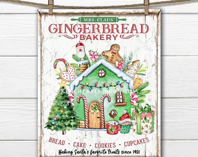 Mrs Claus Gingerbread Bakery DIY Christmas Sign Gingerbread House Christmas Candy Pillow Image Wreath Decor Wall Decor PNG
