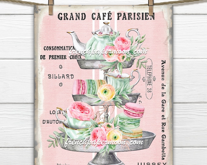 Shabby French Cafe Digital, Tiered Tray, Summer Tea, Teatime, Pastel Tea Pillow Image, Fabric Block, Fabric Transfer, Tea Party, Transparent