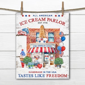 4th of July Patriotic Ice Cream Parlor Star Spangled DIY Sign Red White Blue Stars and Stripes Fabric Transfer Wreath Accent Home Decor PNG