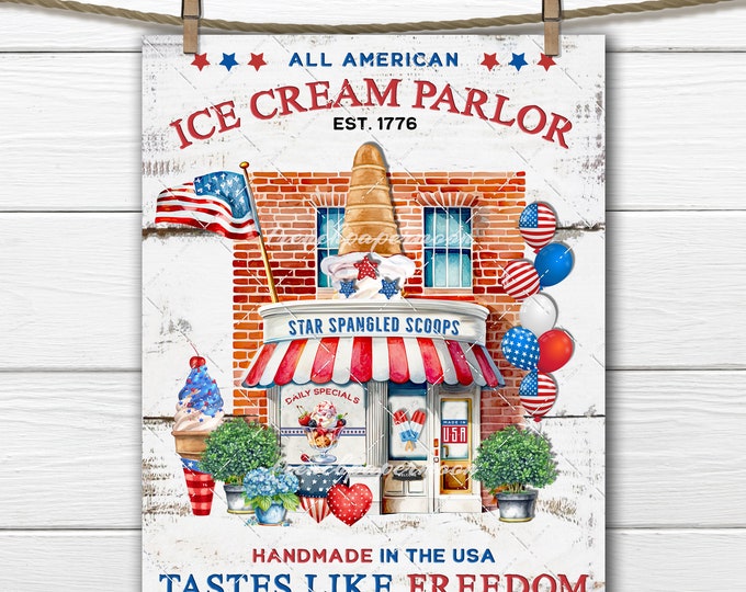 4th of July Patriotic Ice Cream Parlor Star Spangled DIY Sign Red White Blue Stars and Stripes Fabric Transfer Wreath Accent Home Decor PNG