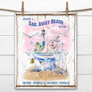 Nautical, Pink Summer, Digital, Sailboats, Lighthouse, Seagull, Beach Decor, Tiered Tray Image, Pillow Image, Wreath Accent, DIY Beach Sign
