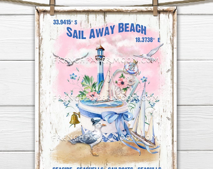 Nautical, Pink Summer, Digital, Sailboats, Lighthouse, Seagull, Beach Decor, Tiered Tray Image, Pillow Image, Wreath Accent, DIY Beach Sign