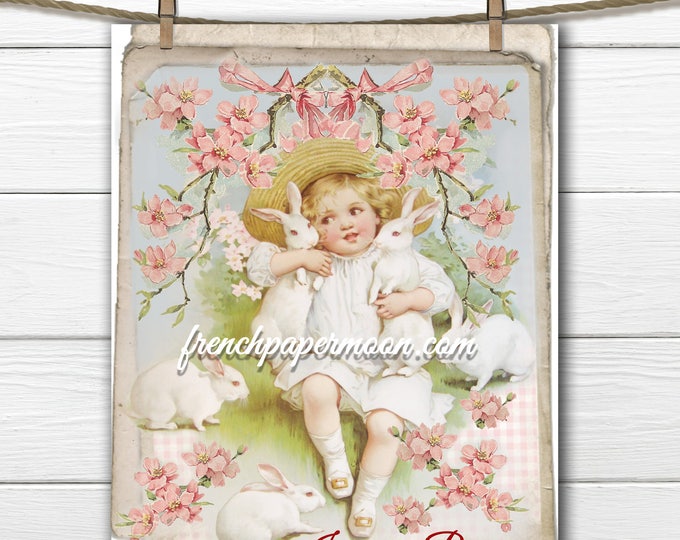 Adorable Shabby Vintage Bunny Girl Easter Bunnies Rabbits Large Image Instant Digital Download Printable Bunny Graphic Transfer