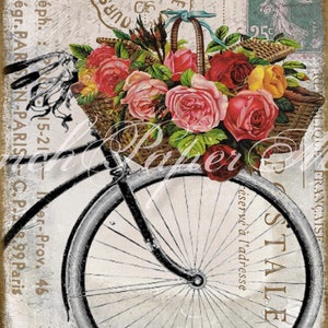Shabby French Bike Postcard, Carte Postale, Paris Postcard, Flower Basket, Journal Digital. Fabric Transfer image 2