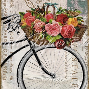 May include: A vintage bicycle with a wicker basket filled with pink, red, and yellow roses. The bicycle has a black frame and white tires. The image has a vintage, faded look.