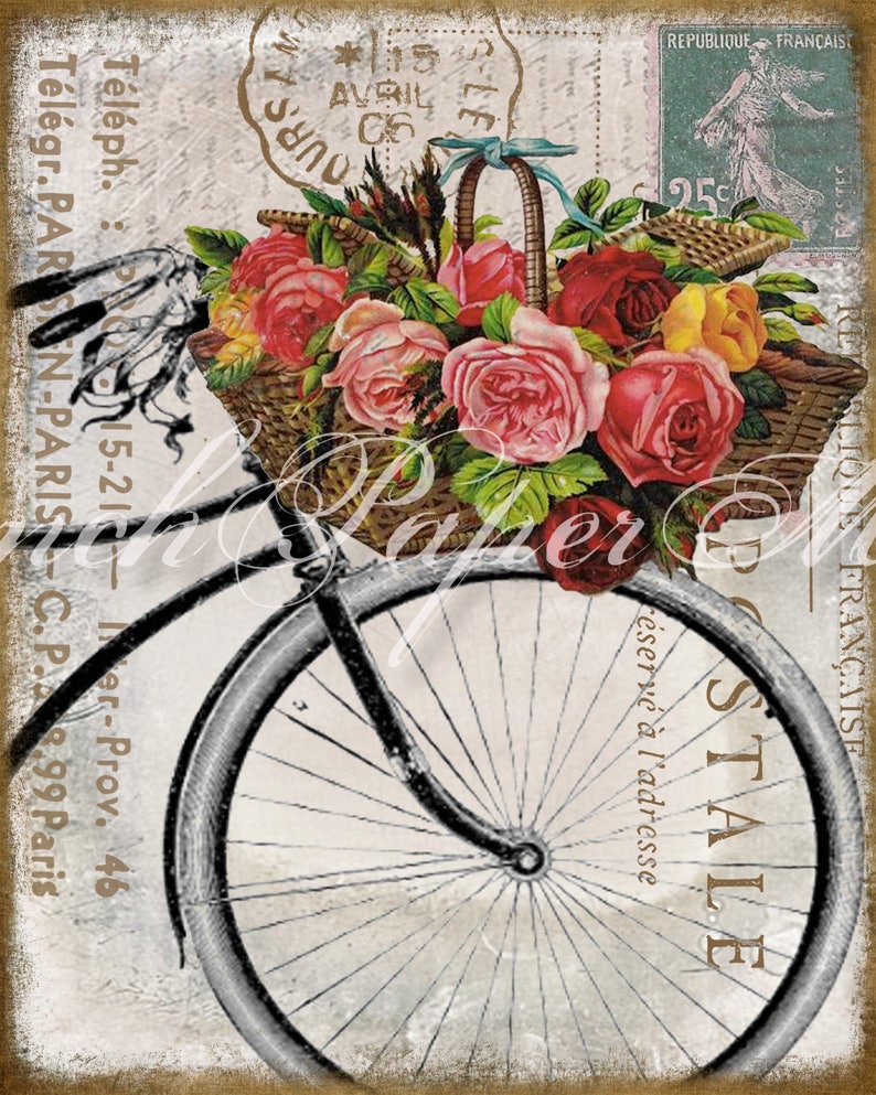 Shabby French Bike Postcard, Carte Postale, Paris Postcard, Flower Basket, Journal Digital. Fabric Transfer image 2