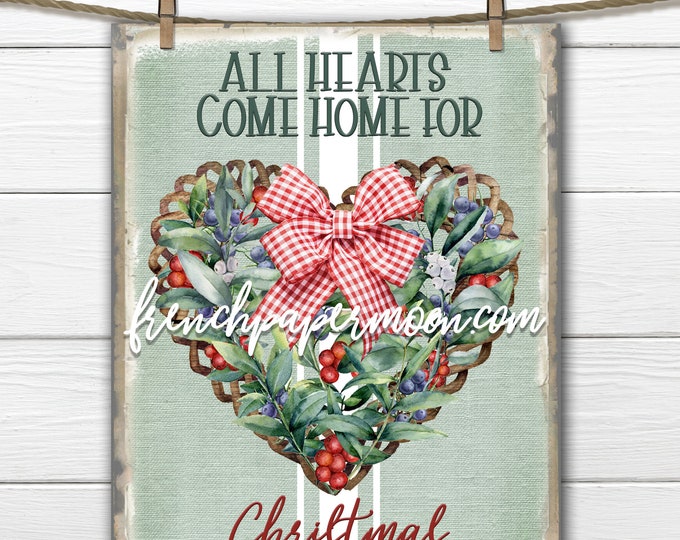 Holly Berry Christmas Digital, Greenery, Heart Wreath, Plaid Bow, Xmas Pillow Image, Sublimation, Christmas Sign, Xmas Crafts, Transparent