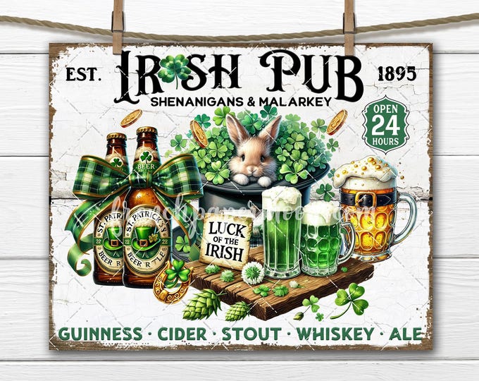 St. Patrick's Day Irish Pub Digital Transfer: Green Beer Clover Shenanigans DIY Sign PNG Print