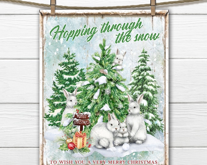 Christmas Bunny Merry Christmas Digital Design, DIY Xmas Sign, Snowbunny, Snow Trees, Fabric Transfer, Wreath Accent, Tiered Tray Decor PNG