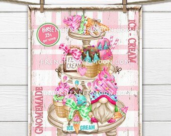 May include: A whimsical illustration of a gnome selling ice cream from a tiered stand. The stand is decorated with pink and white gingham, and the gnome is wearing a red hat and a green shirt. The sign reads "Ice Cream" and "Gnomemade".