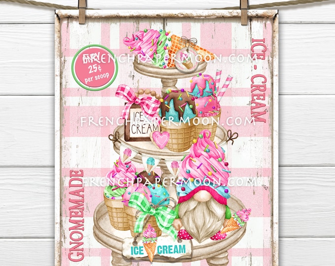 Gnome Ice Cream, Tiered Tray, Ice Cream Sign, Ice Cream Party, Summer Dessert, Treats, Pillow Image, Sublimation, PNG, Wood, Fabric Transfer