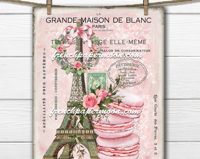 Shabby Pink French Patisserie Digital, Eiffel Tower, Macaron, Paris Bakery, French Pillow Image, French Ephemera, Large Size, Transparent