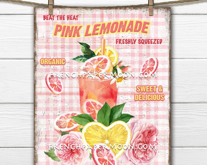 Farmhouse Pink Lemonade, Lemonade Sign, Lemons, Roses, DIY Lemonade Sign, Pillow Image, Fabric Transfer, Summer Lemons, Plaid, PNG, Wood