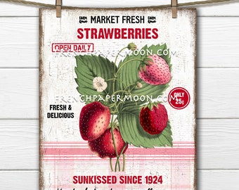 Strawberries, Modern Farmhouse, Digital, Botanical, Farm Strawberries, Plaid, PNG, Wood, Fabric Transfer, Tiered Tray Decor, Fruit SIGN