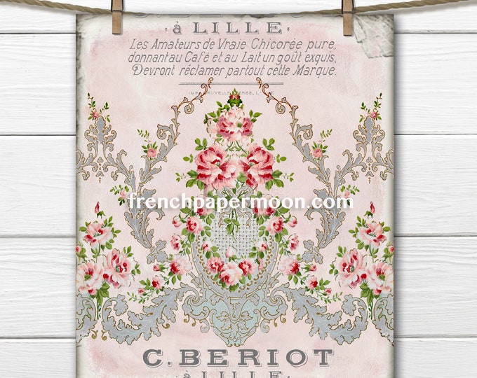 Digital Shabby French Victorian Wallpaper Graphic, Pink Roses, Vintage Pattern, Iron on, Craft Supply, Large and small