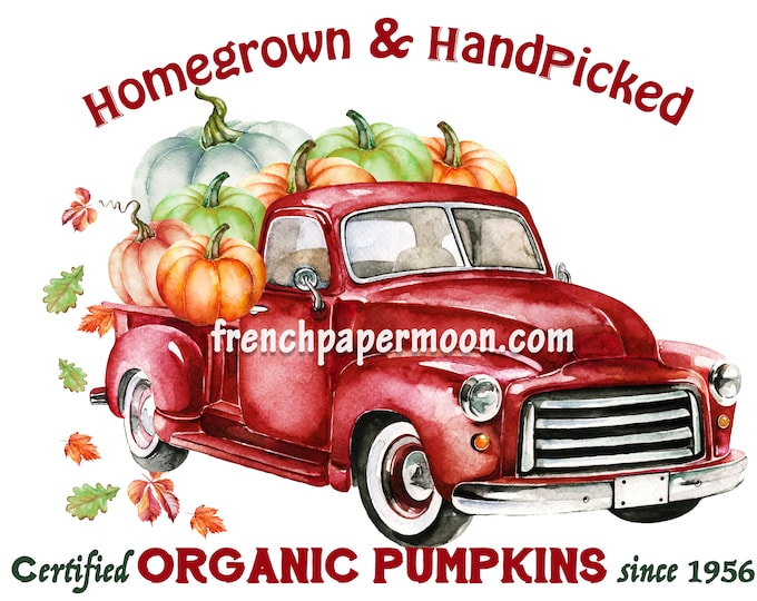 Digital Pumpkin Truck, Harvest Pickup, Red Truck, Organic Pumpkins, Pillow Transfer, Fabric Block Printable, DIY Fall Sign, Transparent