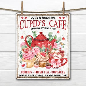 Love is Brewing Cupid&#39;s Cafe Walentynkowy czajniczek Babeczki Róże Ciasteczka DIY Walentynkowy znak Transfer na tkaninę Taca piętrowa Wystrój domu Wydruk cyfrowy