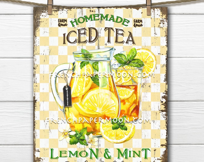 Farmhouse Iced Tea, Sweet Tea, Lemon Tea, Summer Drink, DIY Ice tea Sign, Wreath Decor, Fabric Transfer, Tiered Tray Decor, Wood, PNG, Print