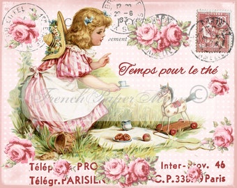 Shabby Digital Teatime, Victorian Girl Image, Roses, Pink, French Graphics, Printable French Teatime Graphic Transfer, Instant Download