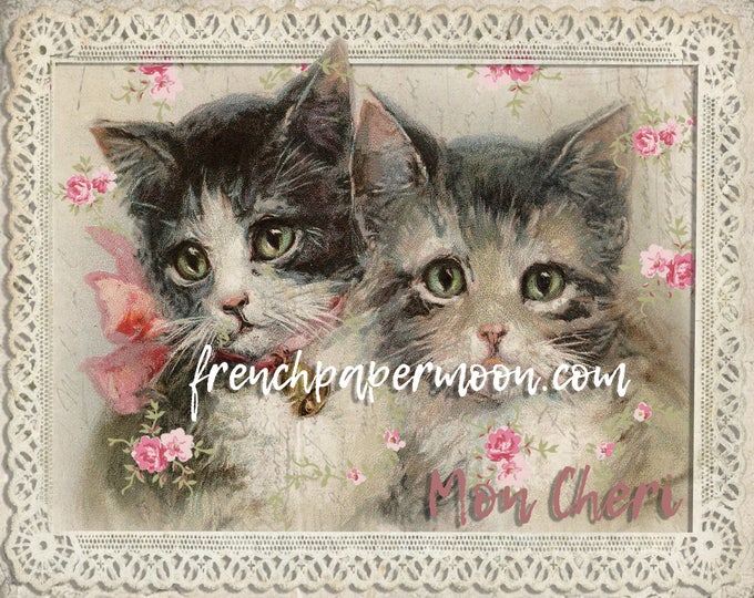 Shabby Victorian Cats, Roses, Kittens, French Graphics, Pillow Image, fabric transfer, Decoupage, Large Size Printable