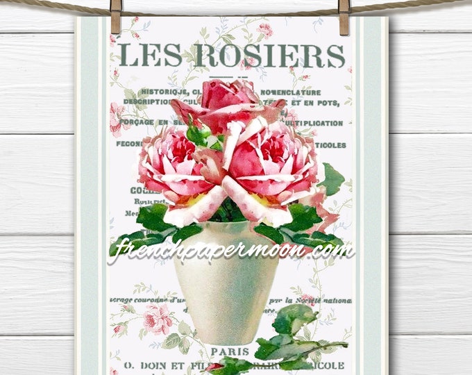 Vintage Shabby Romantic Roses, Vase of Roses, French Graphic Large Size, Transfer, Fabric Block, French Pillow Image, Digital