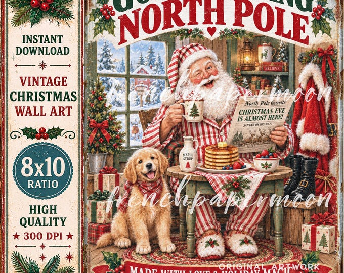 North Pole Christmas Vintage-style Santa Sign Printable, , Farmhouse Holiday Sublimation Holiday Crafts DIY