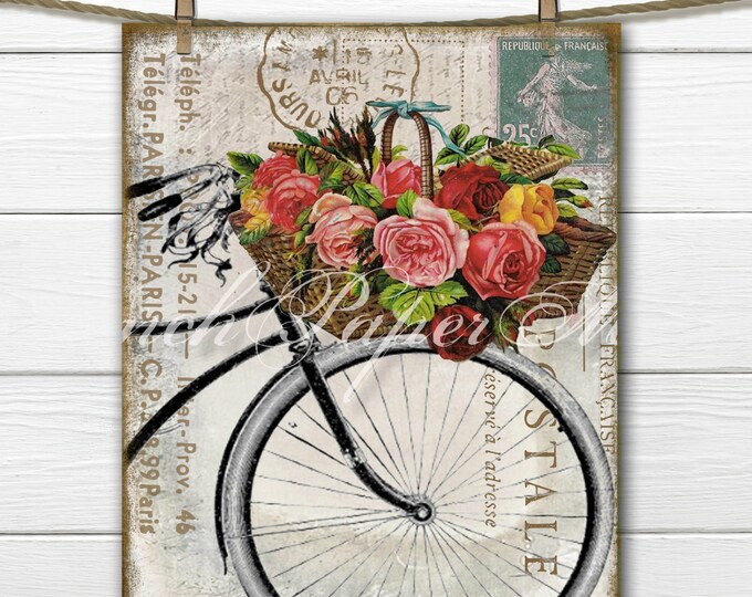 Shabby French Bike Postcard, Carte Postale, Paris Postcard, Flower Basket, Journal Digital. Fabric Transfer