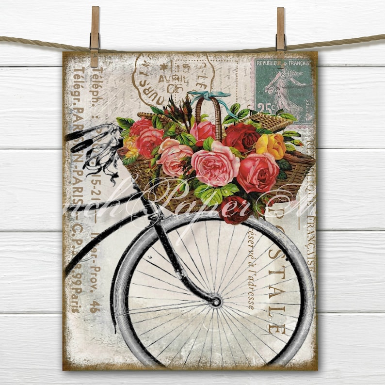 Shabby French Bike Postcard, Carte Postale, Paris Postcard, Flower Basket, Journal Digital. Fabric Transfer image 1