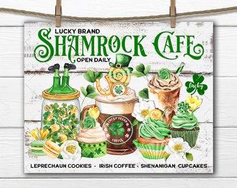 Farmhouse St. Patrick's Day Cafe Irish Coffee Cupcakes Gold Coins Clover DIY Sign Making Fabric Transfer Tiered Tray Home Decor Sign PNG